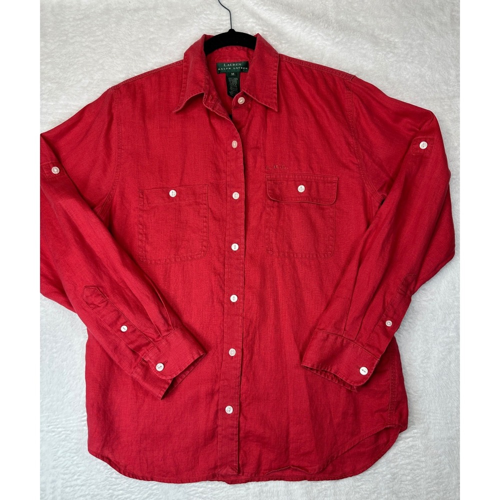 Lauren Ralph Lauren Linen Button Down Shirt Womens M Red Roll Tab Sleeve